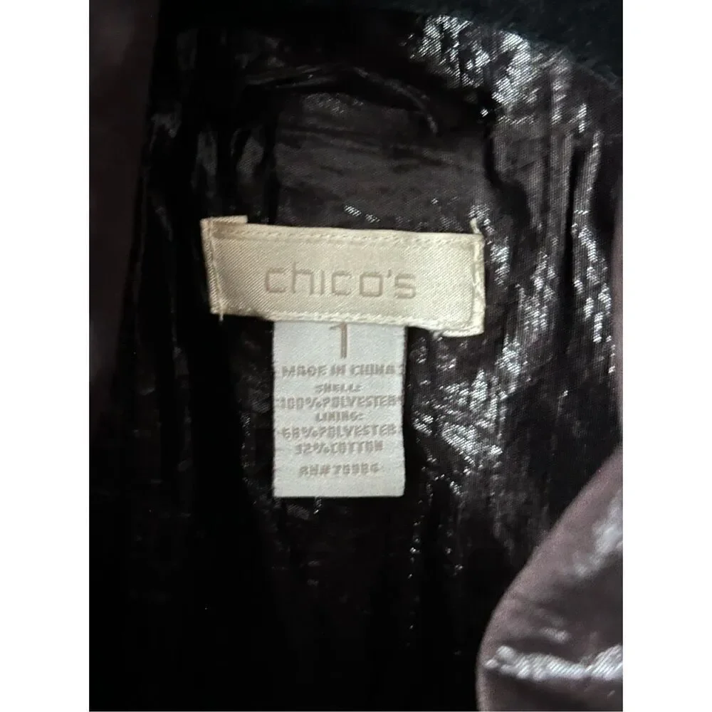 Chico's Size‎ 1 Jacket Coat Womens Medium 3/4 Sleeve Hooded Shiny Brown Pockets